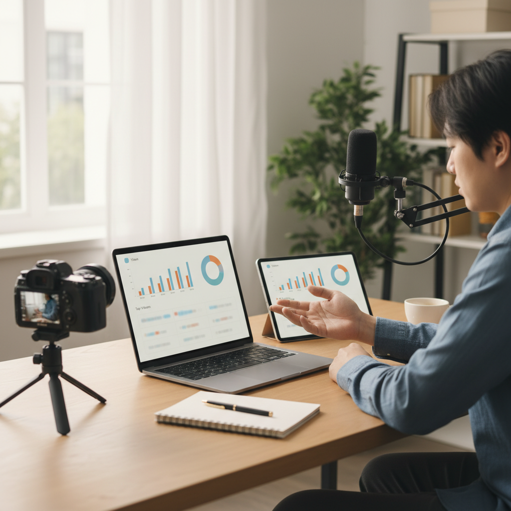 Content creator at a desk with a camera, microphone, and laptop open to a generic video analytics dashboard