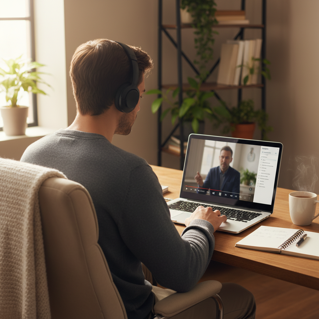 Person watching an online lecture on a laptop with a transcript or chapter list and taking notes