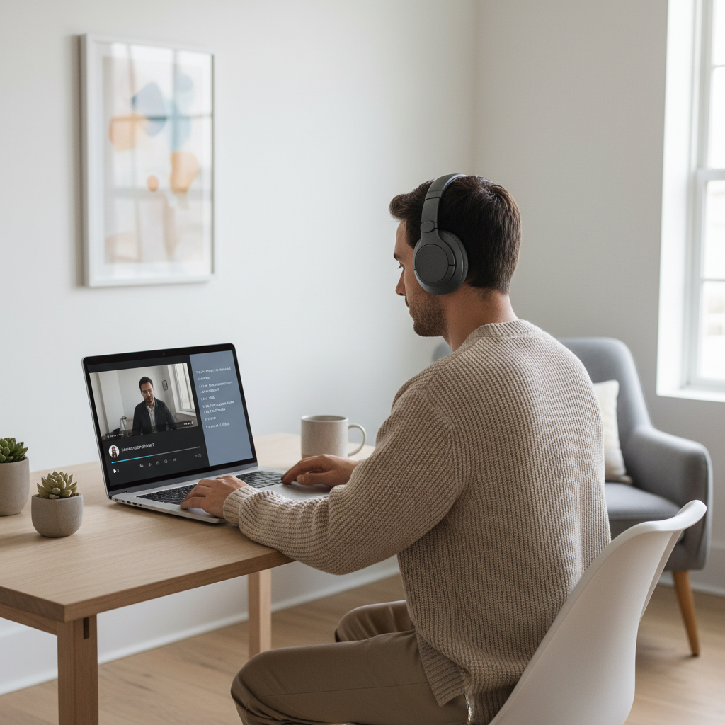 Person wearing headphones at a home office desk using an AI podcast summarizer on a laptop