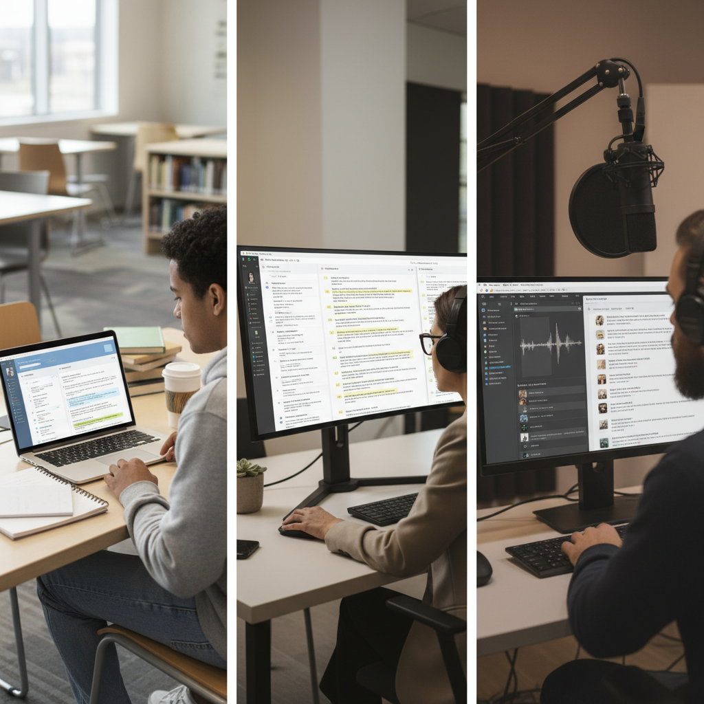 Student, professional, and creator each using AI tools to summarize long podcasts