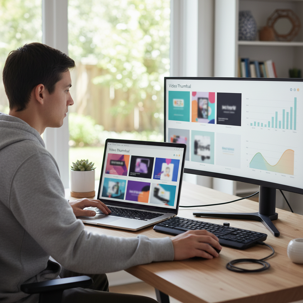 Person at a desk comparing different video thumbnail designs and analytics on two screens