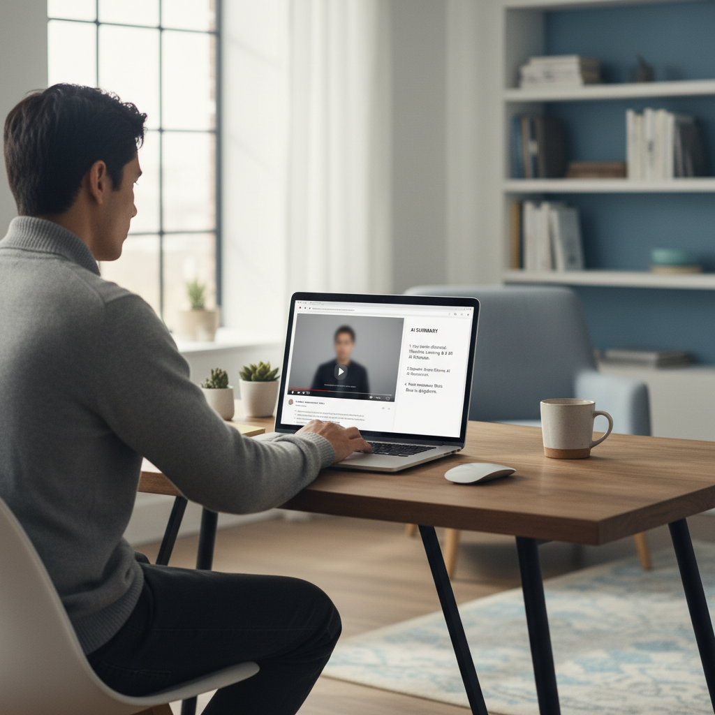 Person using a laptop to view an online video with an AI summary panel beside the player