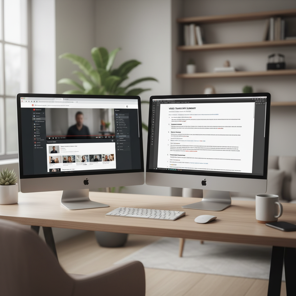 Dual-monitor desk setup with a video page on one screen and written notes or summary on the other